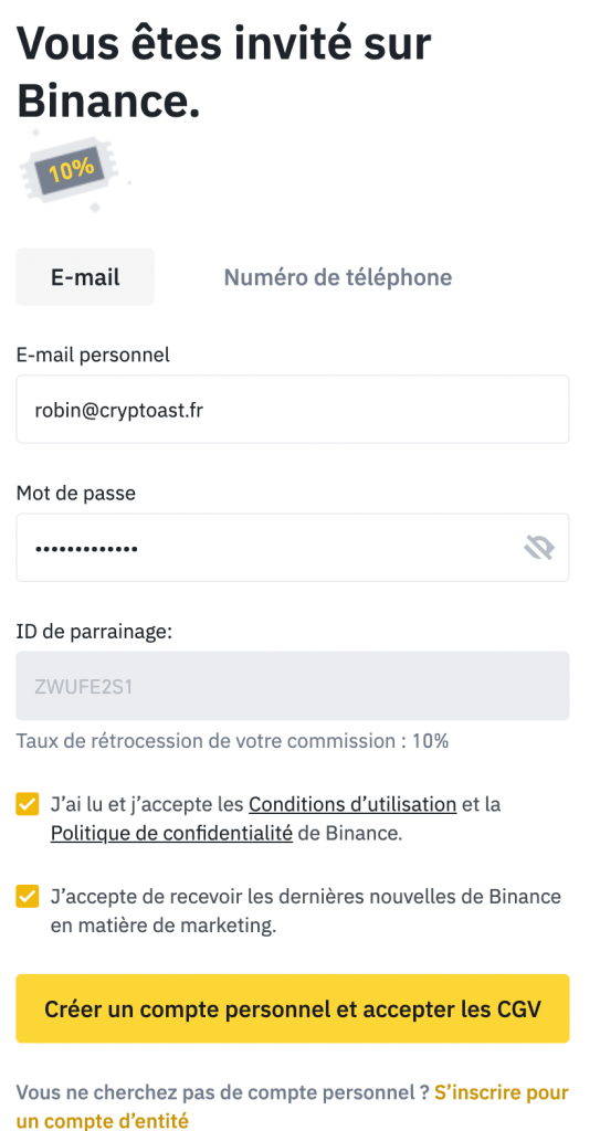 Email et mot de passe création compte Binance (1)
