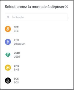 choix cryptomonnaie dépot binance