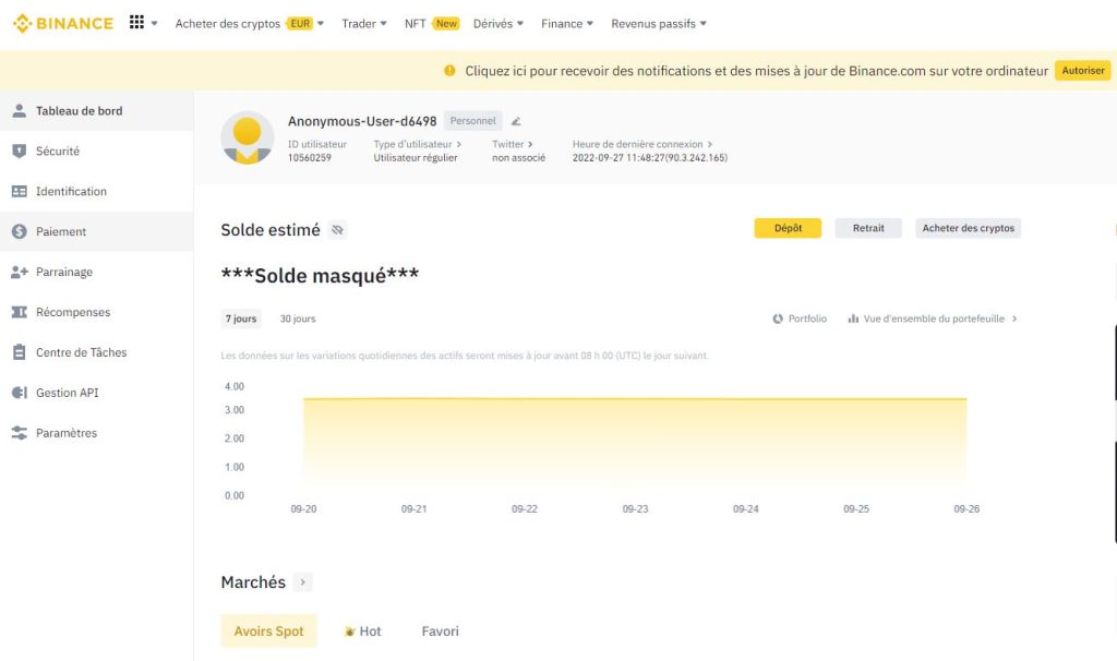 dépôt crypto compte binance