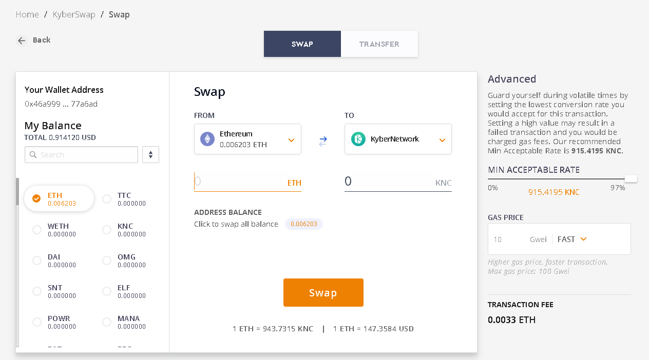 kyberswap convertir token kyber network