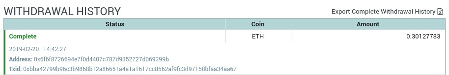 Historique des retraits : retrait finalisé