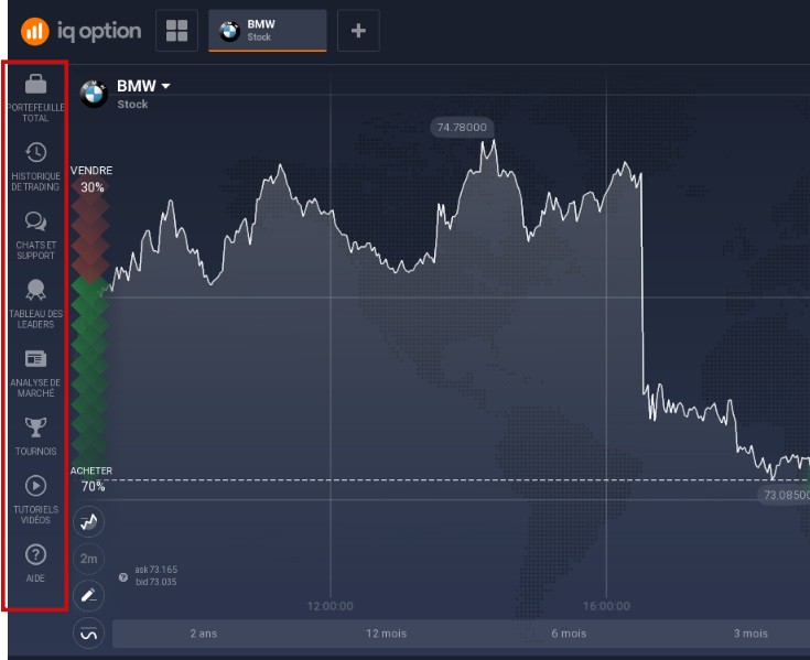 barre latérale de gauche sur la plateforme de trading iq option