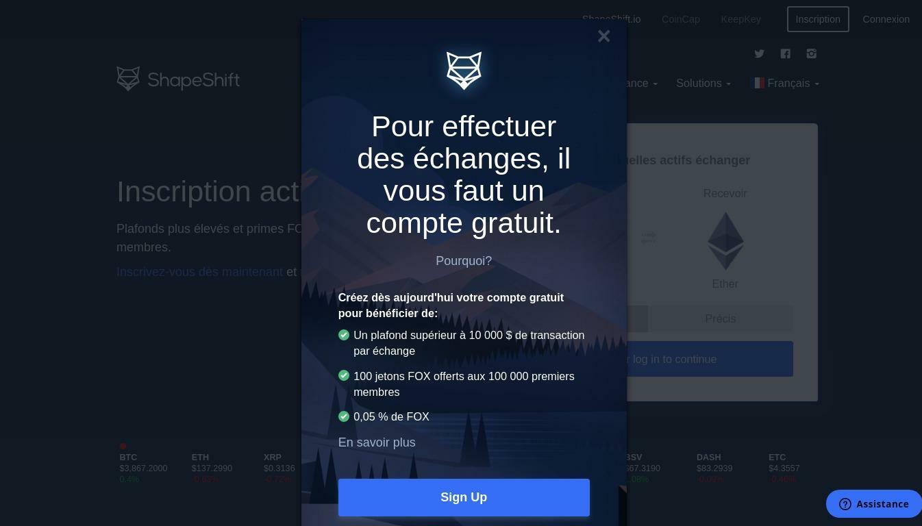 Accueil de l'exchange ShapeShift