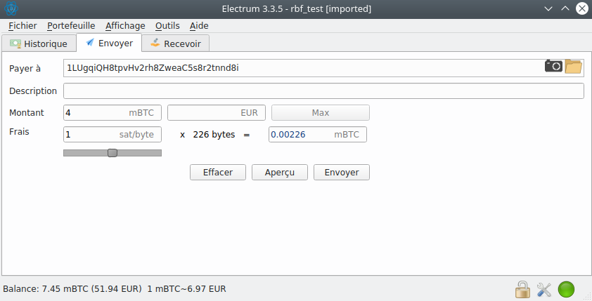 Transaction frais faibles Replace-by-Fee Electrum