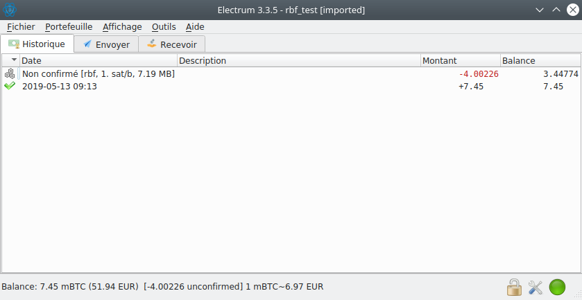 Historique transactions frais faibles Replace-by-Fee Electrum