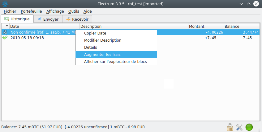 Augmenter frais transaction Replace-by-Fee Electrum