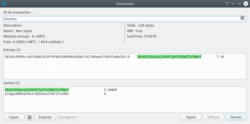 Détails transaction remplacée Replace-by-Fee Electrum