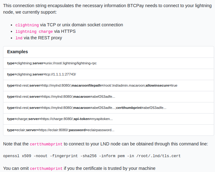 interface de configuration du noeud lightning network utilisé par le store
