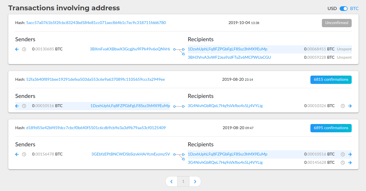 Transaction de l'adresse de réception BTC sur Blockchair