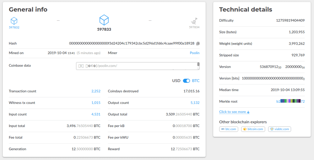 Informations générales bloc BTC sur Blockchair
