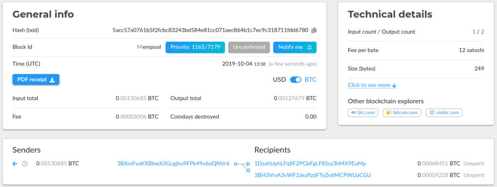 Transaction BTC sur Blockchair exprimée en BTC