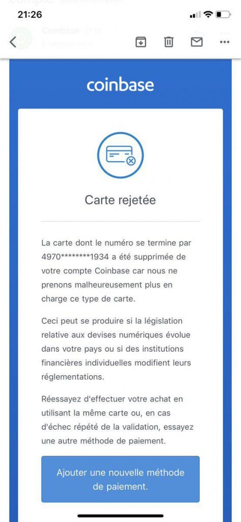 coinbase rejet achat crypto
