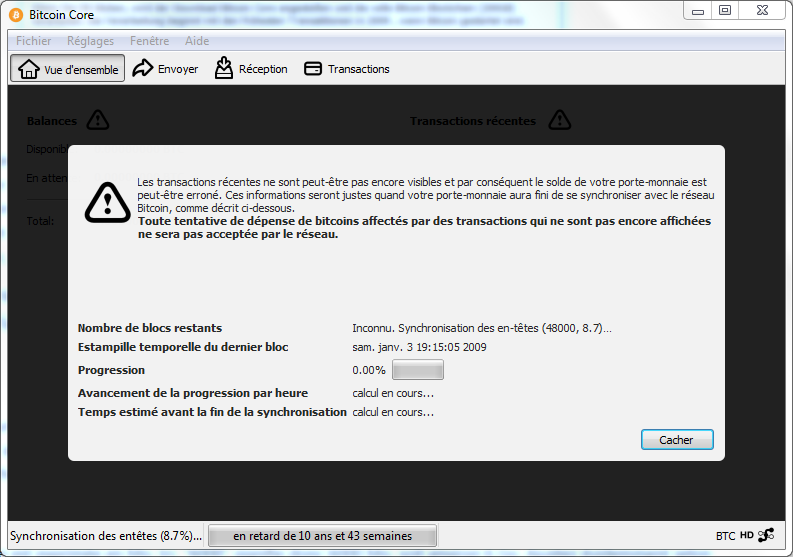 Bitcoin Core first launch