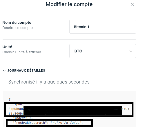 Affichage de la clef publique étendue et du chemin de dérivation