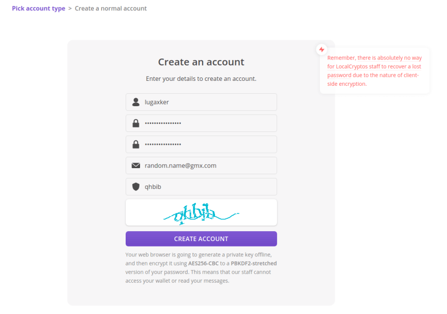 Création d'un compte LocalCryptos