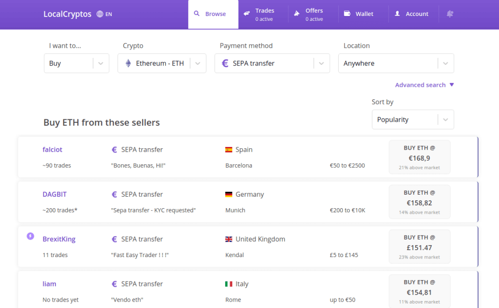 Offres SEPA sur LocalCryptos