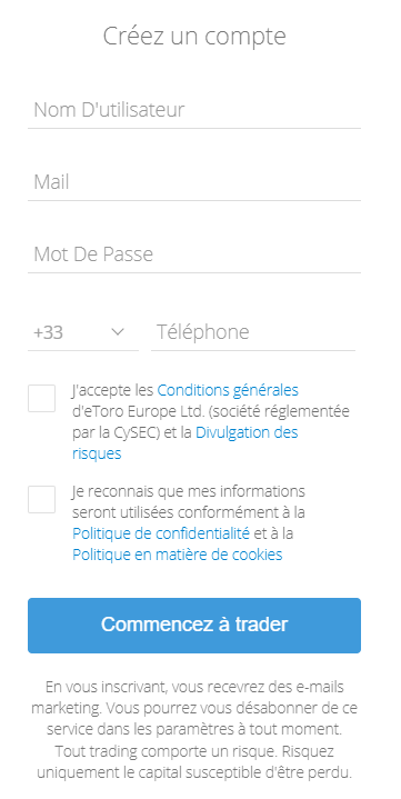 Inscription sur Etoro