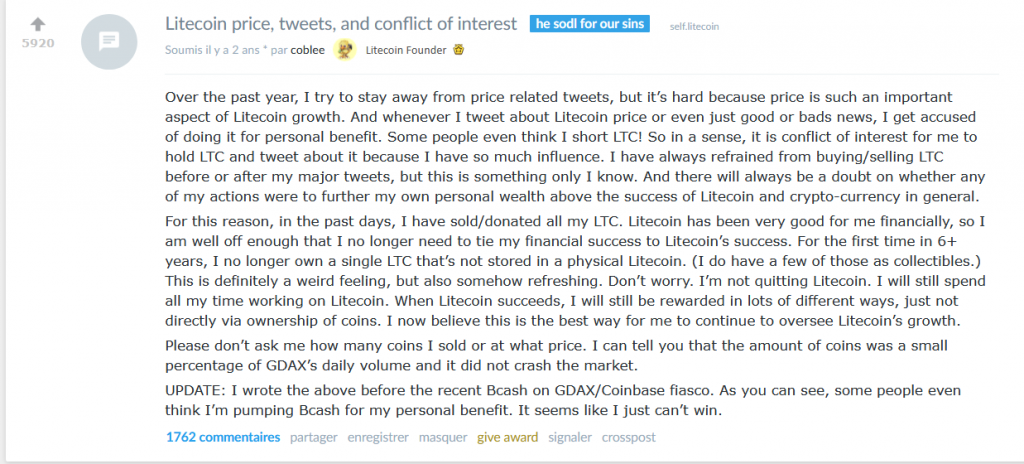 Charlie Lee vente LTC Charlie Lee vente LTC