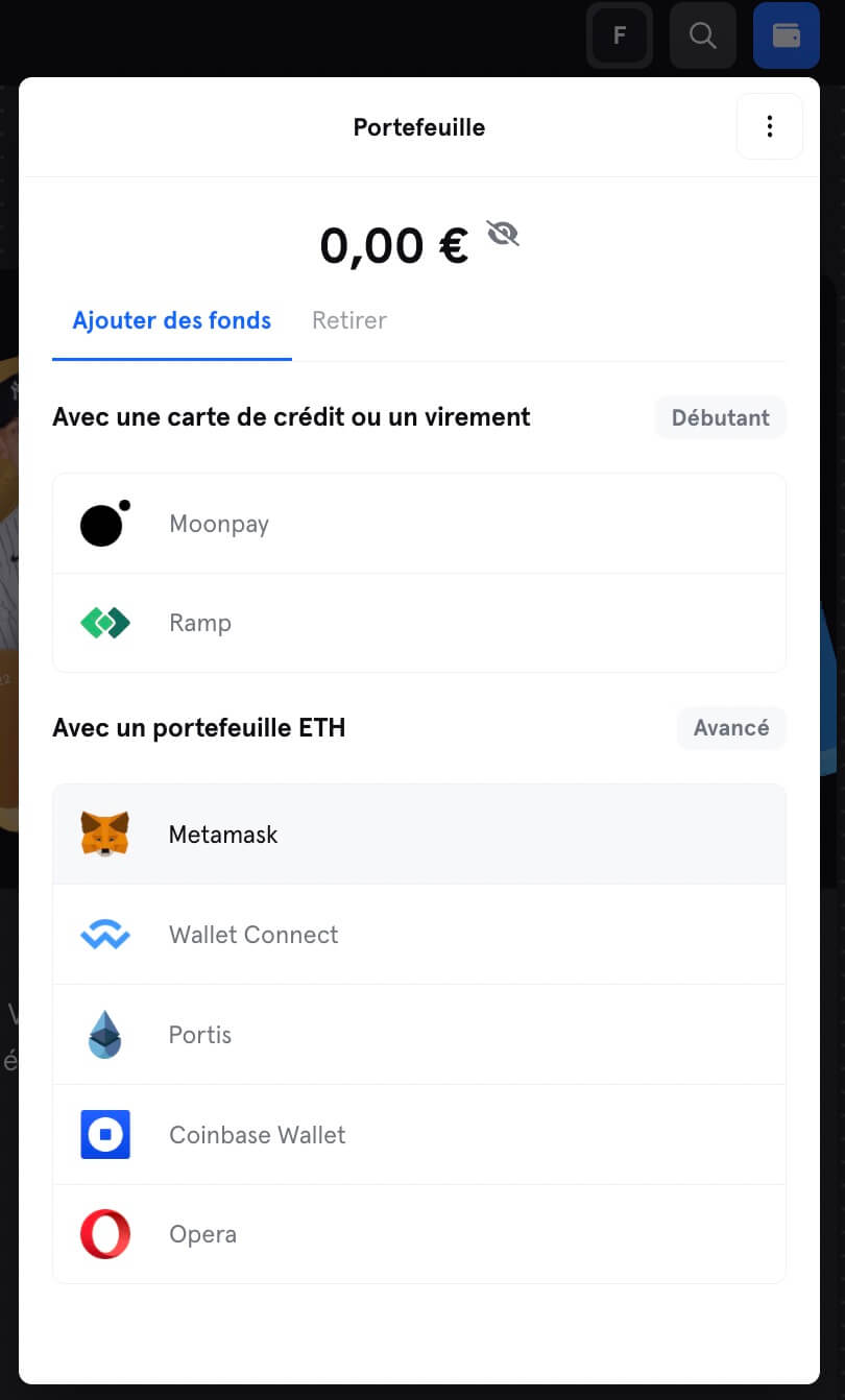Ajouter fonds en euros ou ethers sur Sorare