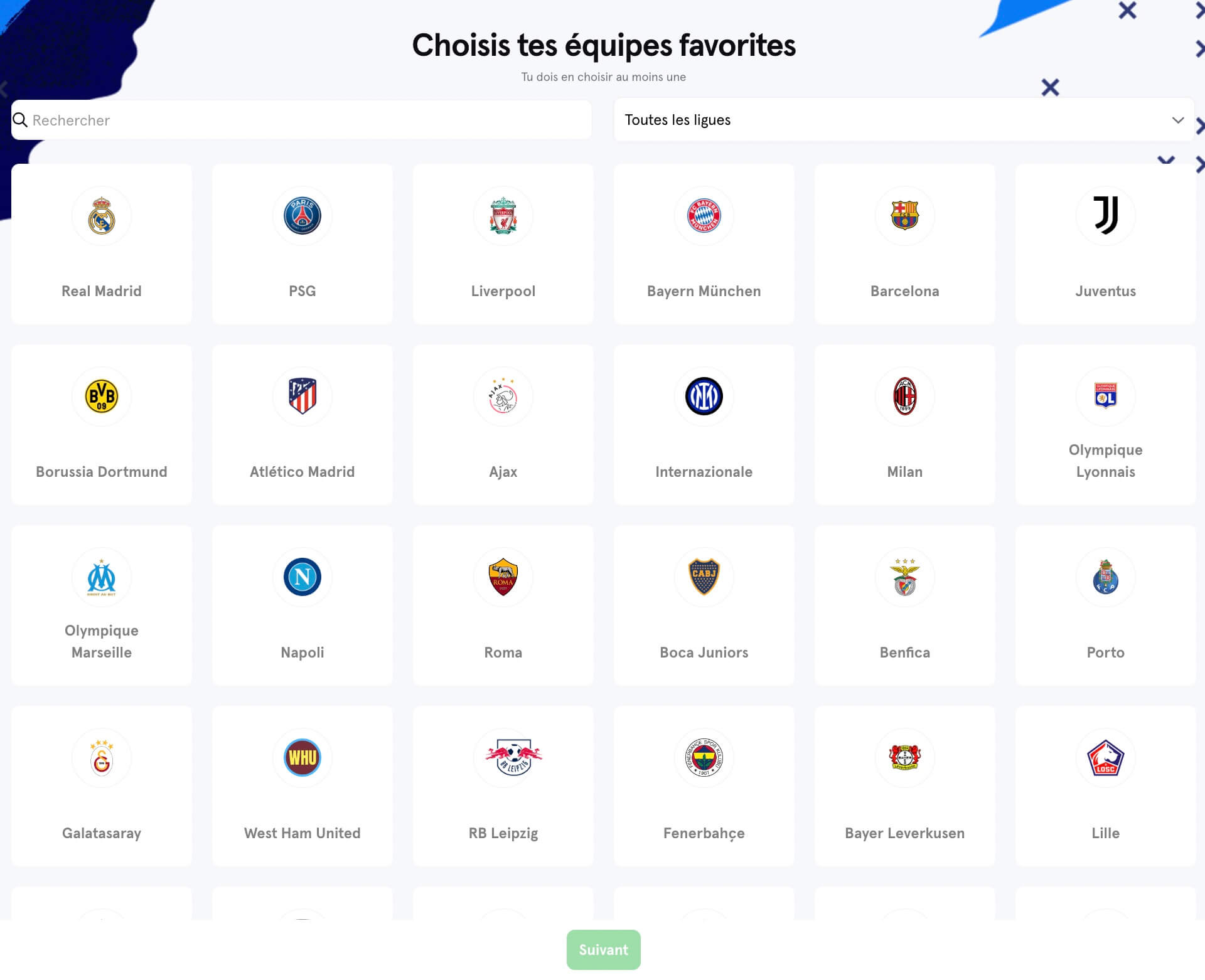Choisir équipe de football favorite Sorare