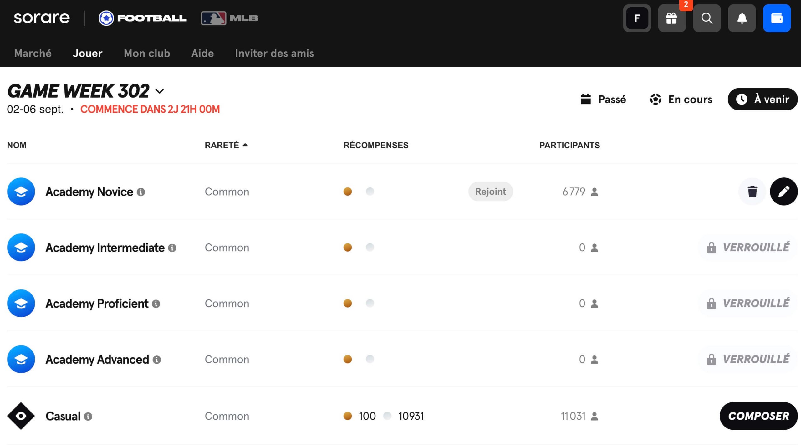 Différentes league Sorare Football
