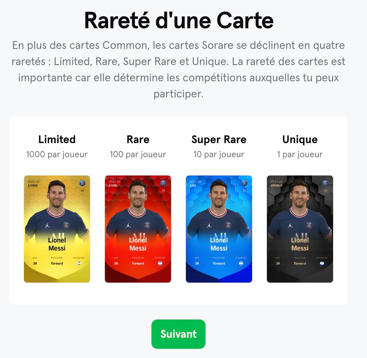 Rareté des cartes de football sur Sorare