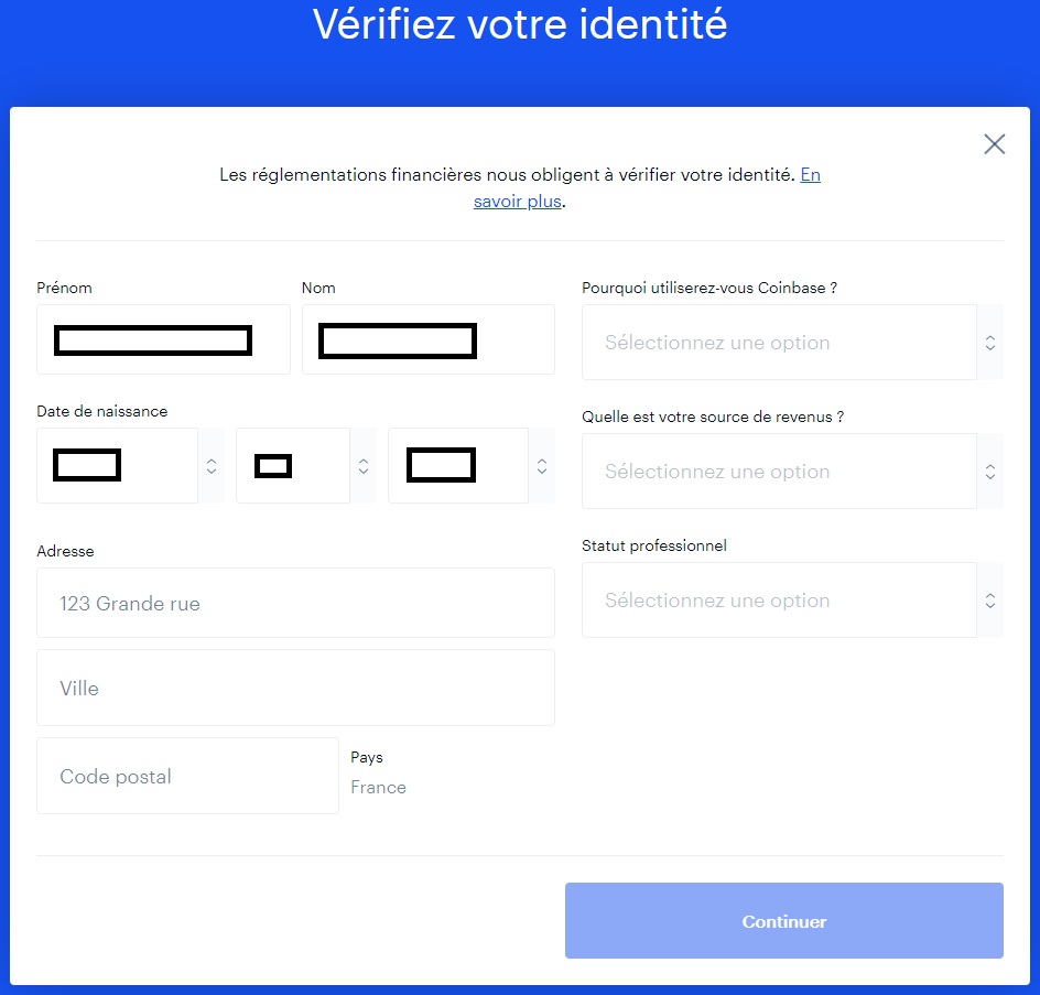 formulaire vérification identité supplémentaire coinbase