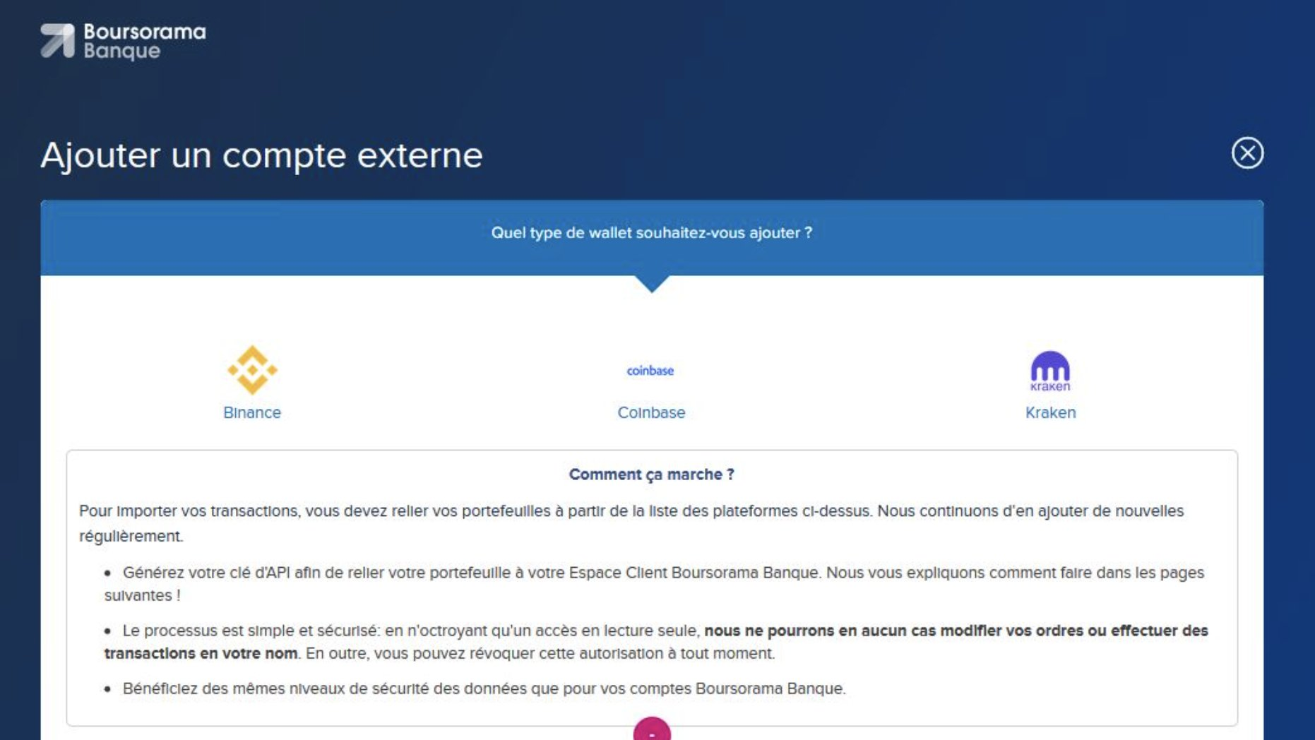 Boursorama comptes Binance Coinbase Kraken