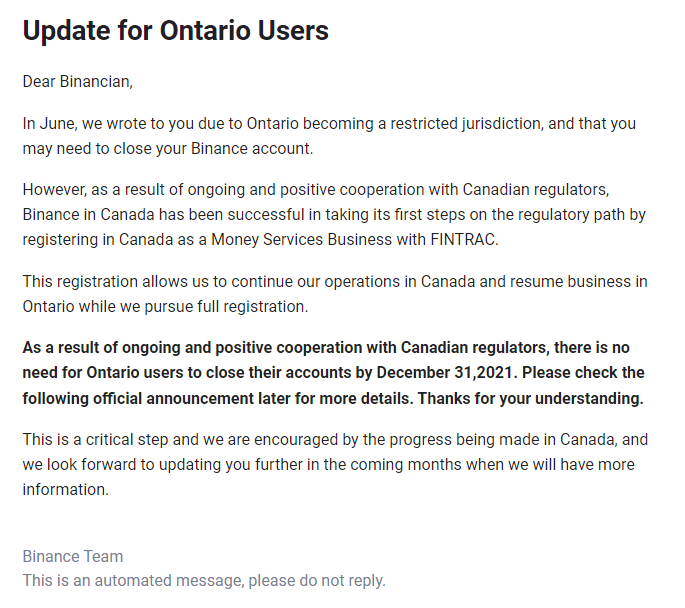 differend-judiciaire-entre-Ontario-exchange-Binance Message binance utilisateurs Ontario