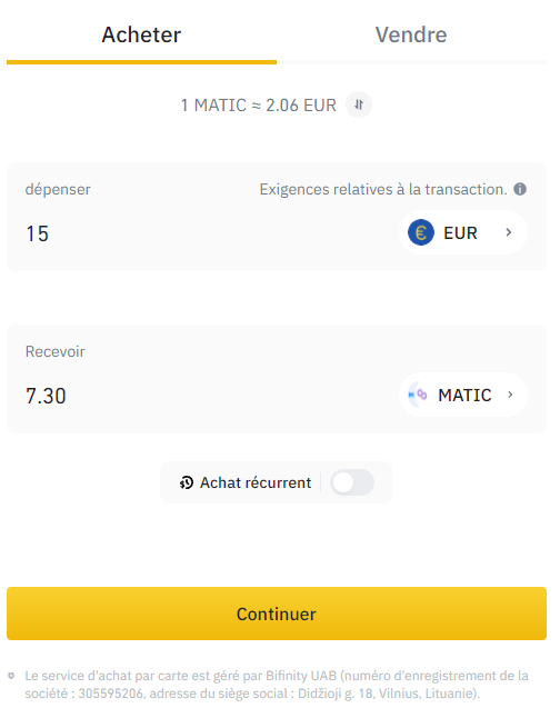 Achat Matic Binance