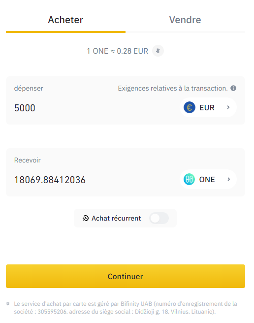 Achat ONE Binance Achat ONE Binance