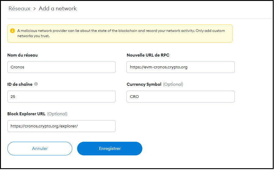 Ajout cronos MetaMask