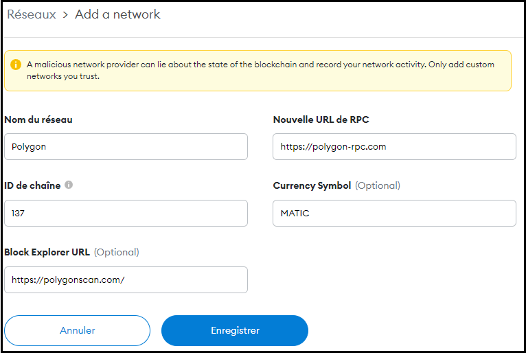 Ajout réseau Polygon MetaMask