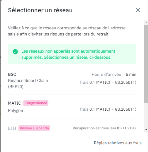 Choix Réseau Binance