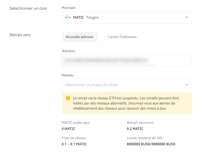 Finalité transaction Matic Binance