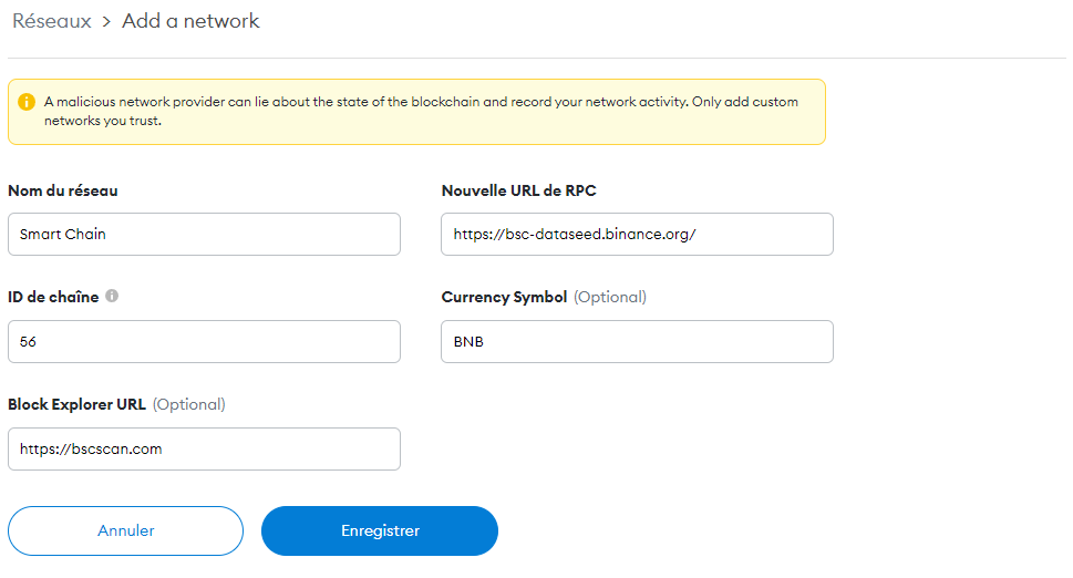 Tableau MetaMask coordonnees BSC Tableau MetaMask coordonnees BSC