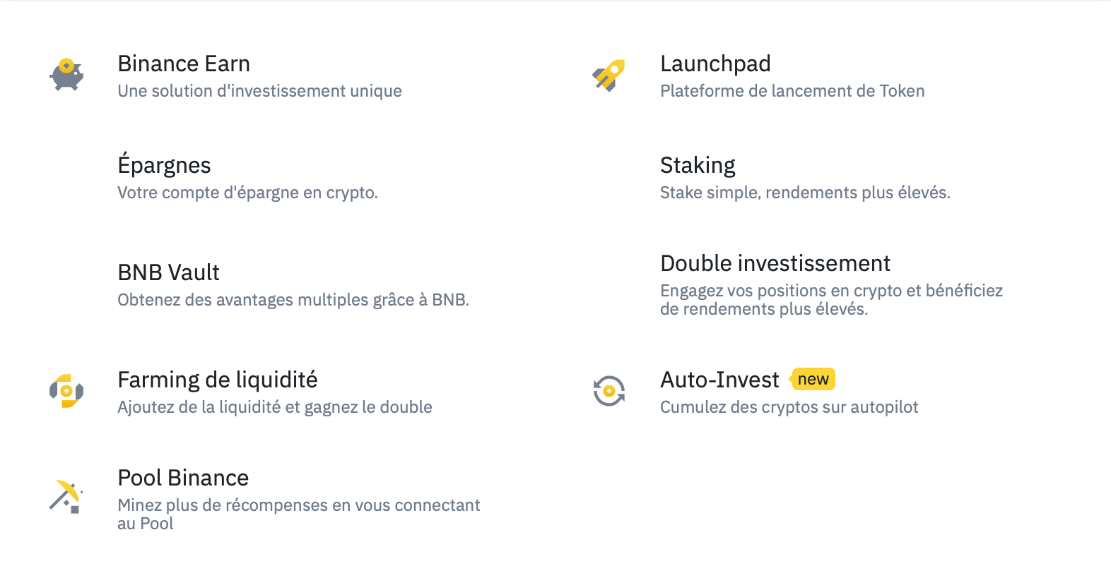 Aperçu des fonctionnalités proposées par Binance dans l'onglet « Gagner des cryptos »