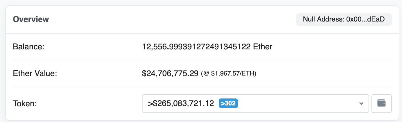 Aperçu d'un des dead wallets sur la blockchain Ethereum