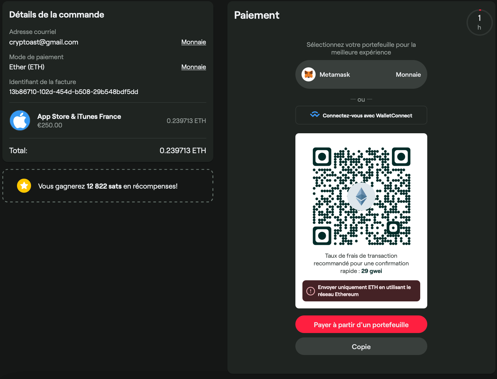Aperçu de la page de paiement sur Bitrefill