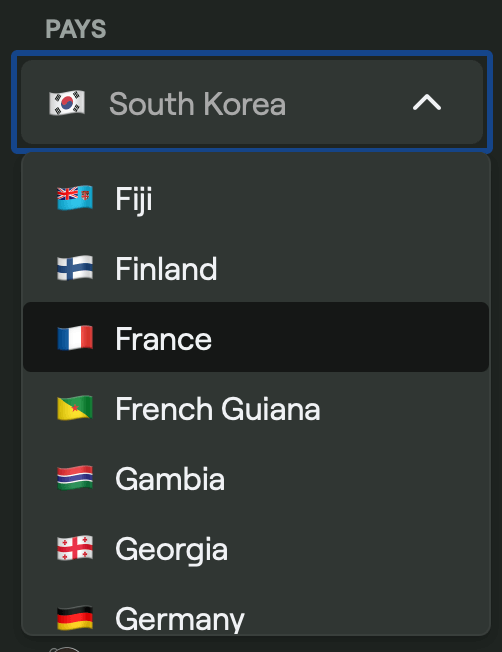 Aperçu des pays disponibles sur Bitrefill