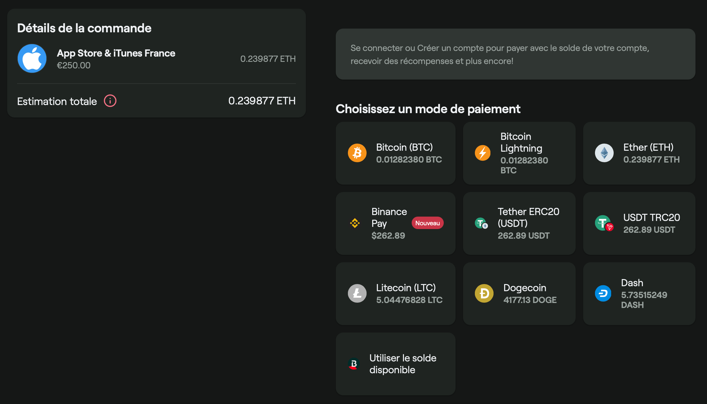 Aperçu du choix du mode de paiement sur Bitrefill