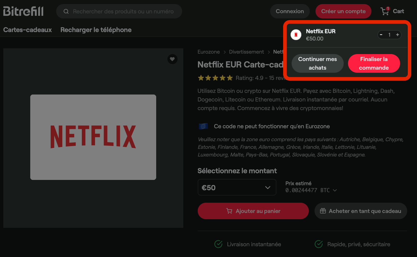 Ajout au panier d'une carte cadeau sur Bitrefill Ajout au panier d'une carte cadeau sur Bitrefill