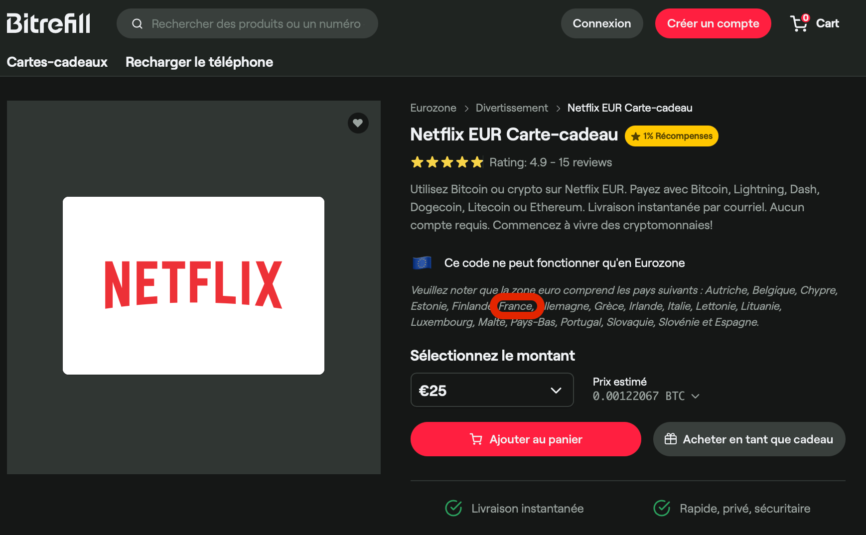 Aperçu de la carte cadeau Netflix Europe sur Bitrefill Aperçu de la carte cadeau Netflix Europe sur Bitrefill