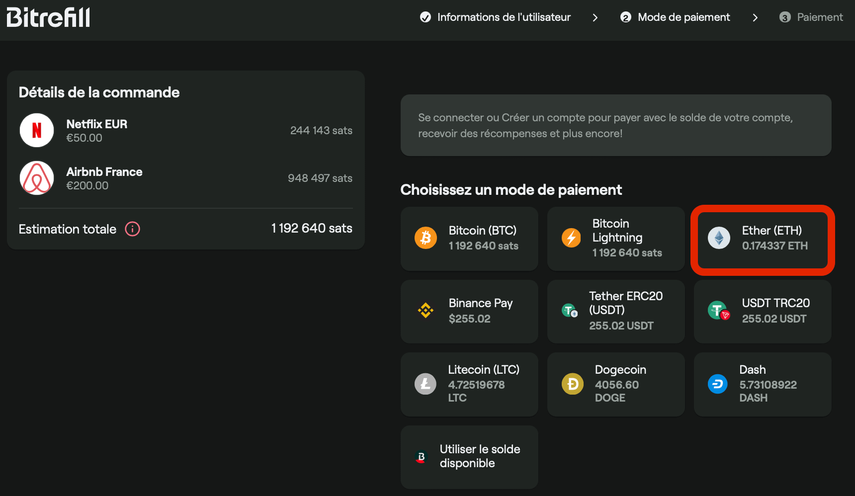 Choix du mode de paiement sur Bitrefill Choix du mode de paiement sur Bitrefill