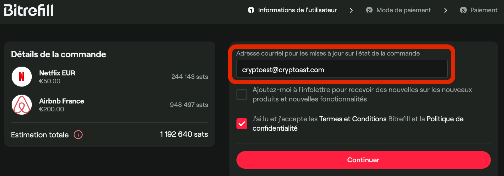 Détails d'une commande sur Bitrefill Détails d'une commande sur Bitrefill