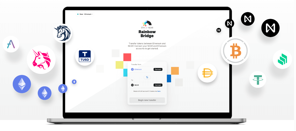 Illustration du Rainbow Bridge de Near Protocol qui lie les blockchains Ethereum et Near Illustration du Rainbow Bridge de Near Protocol qui lie les blockchains Ethereum et Near