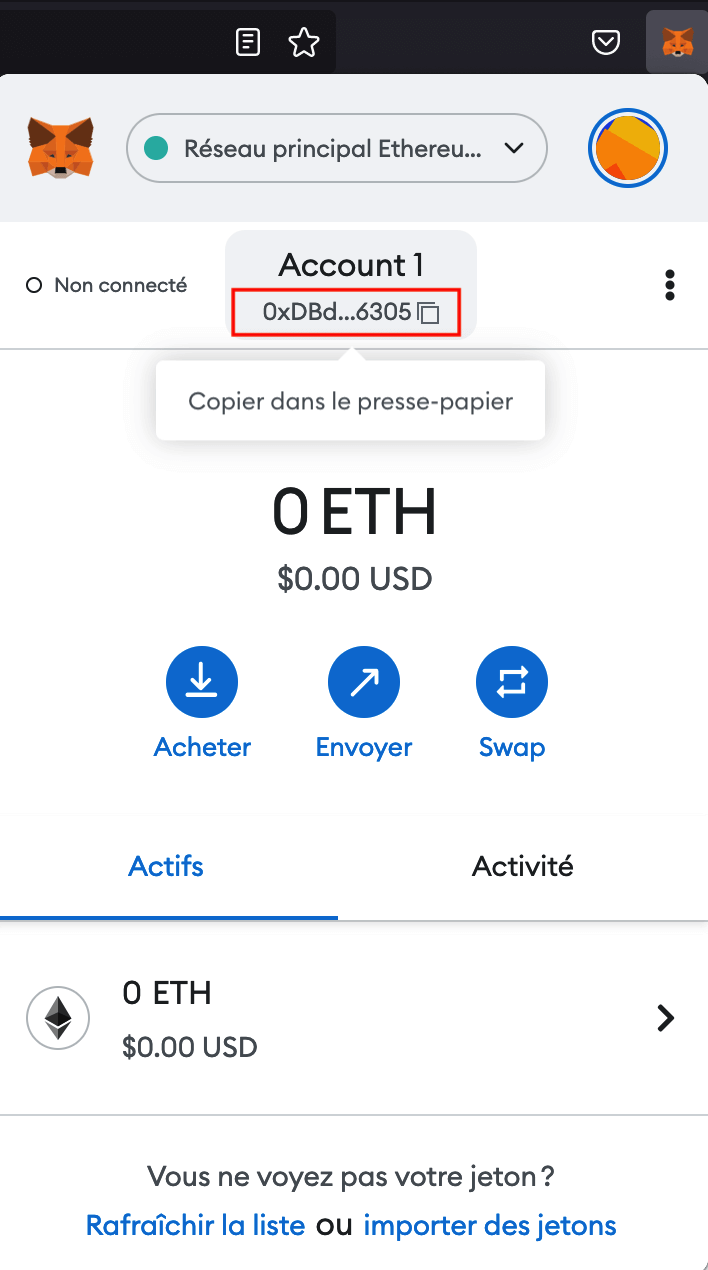 Aperçu de l'interface de MetaMask et de l'adresse Ethereum associé à votre portefeuille Aperçu de l'interface de MetaMask et de l'adresse Ethereum associé à votre portefeuille