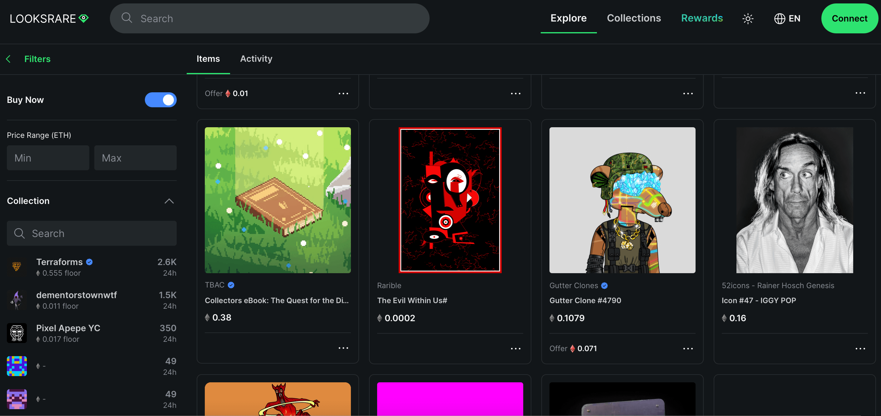 Aperçu de l'interface de la marketplace de NFTs LooksRare Aperçu de l'interface de la marketplace de NFTs LooksRare