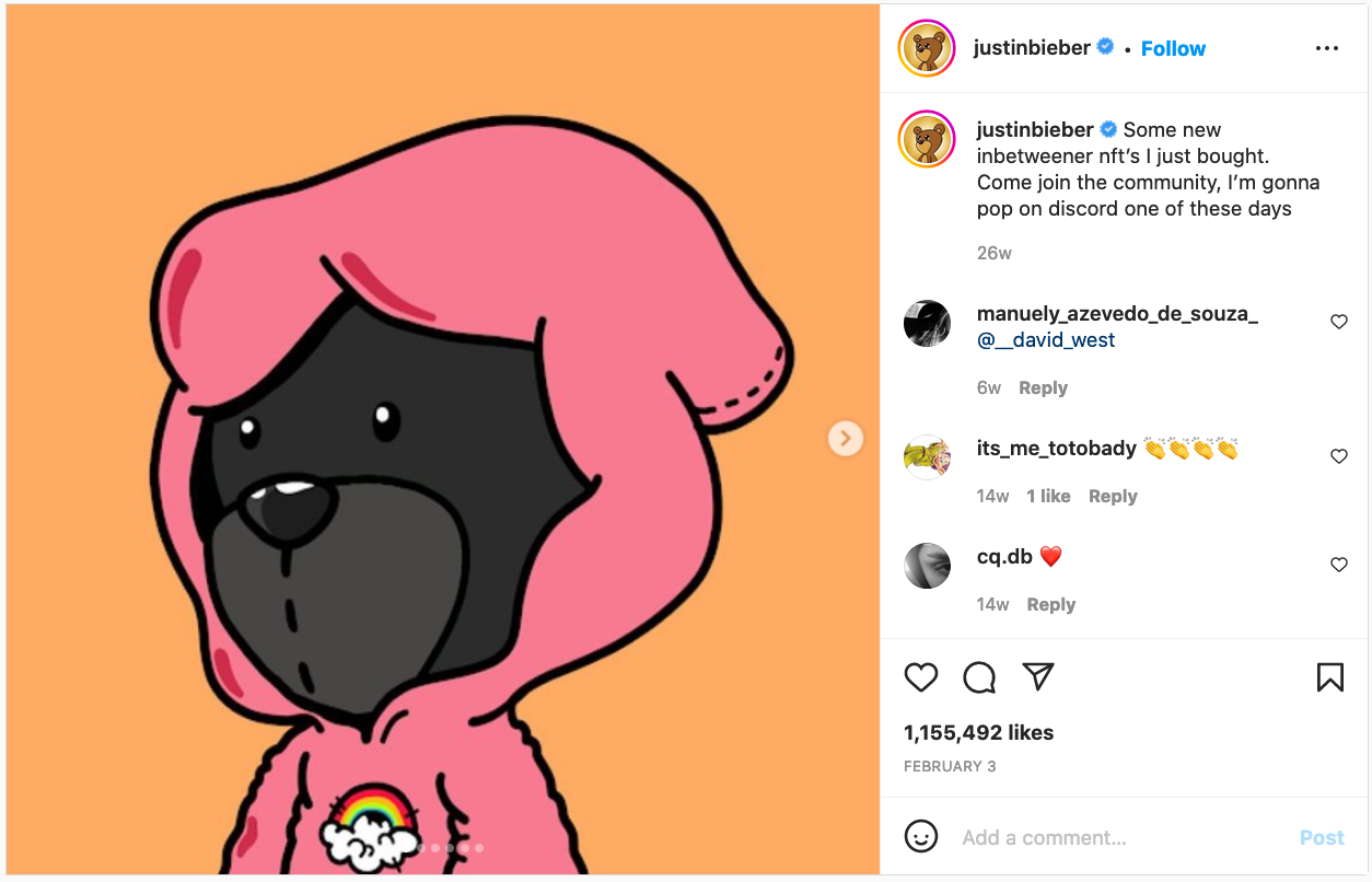 Justin Bieber NFT TINA avertissement célébrités Justin Bieber NFT TINA avertissement célébrités