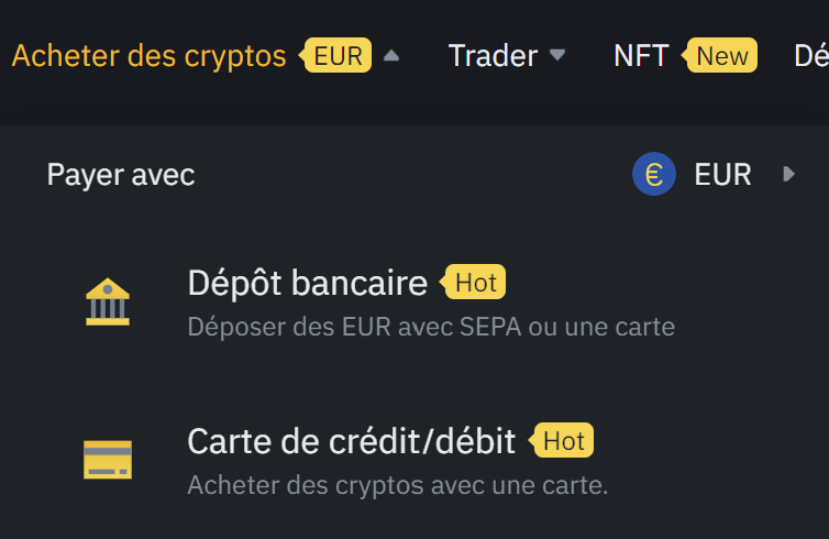 Choix Mode Paiement Binance